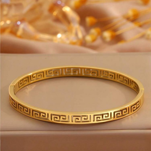 Gold Plated Stainless Steel Greek Key Bangle Bracelet Style Cuff - Picture 4 of 4